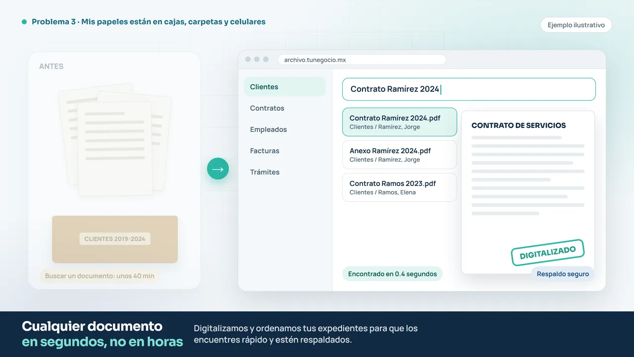 Ejemplo de un buscador de expedientes digitales que encuentra un contrato en segundos